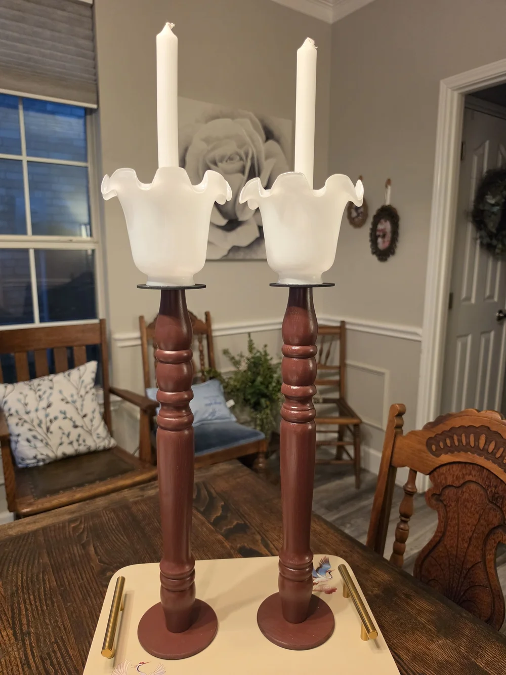 Vintage Wood candlestick holders glass tulip-shaped hurricane shade bobeches